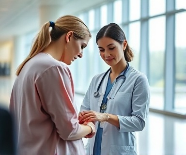 nurse demonstrating wound treatment, focused expression, explaining to a patient, photorealistic, in a modern hospital with large windows, highly detailed, reflections on polished floors, tilt-shift, pastel colors, overhead lighting, shot with a 24-70mm camera lens
