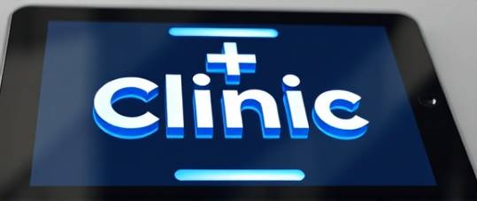 modern clinic logo, sleek, representing technological advancements, photorealistic, depicted on a digital tablet screen, highly detailed, with futuristic font, high definition, electric blue and silver tones, reflective lighting, shot with a macro lens.