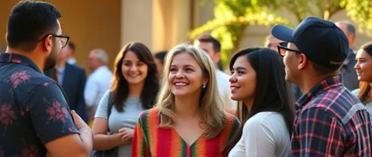 core clinic values, genuine, promoting empathy and innovation, photorealistic, embraced by a diverse community gathering, highly detailed, with united individuals, full HD resolution, warm and inclusive tones, natural outdoor lighting, shot with a portrait lens.